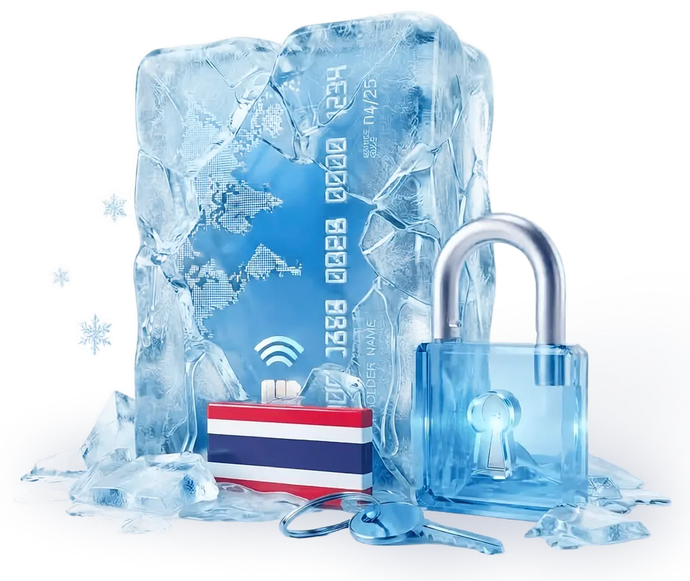 Thai bank card frozen in melting ice, with an open padlock and a key